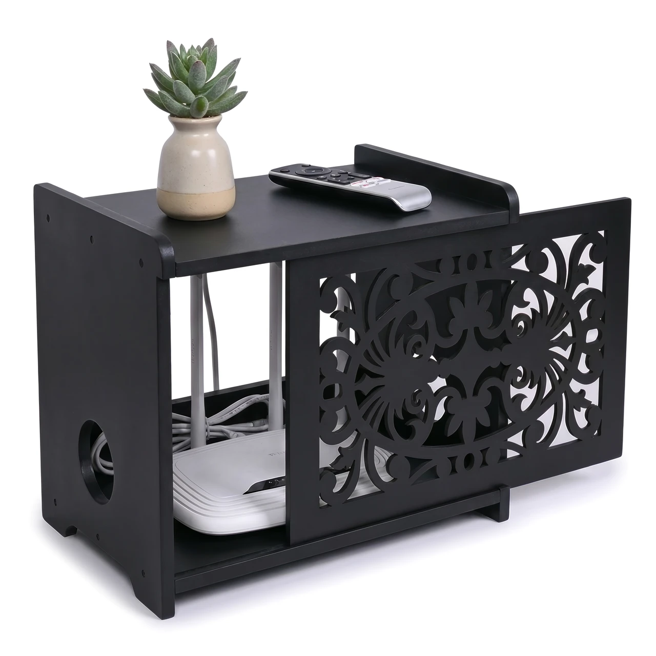 Modern router storage box &ndash; cable management wifi cover on shelf