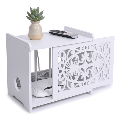 White wooden router cover box with router inside, cable management organizer with ventilation and clean modern design