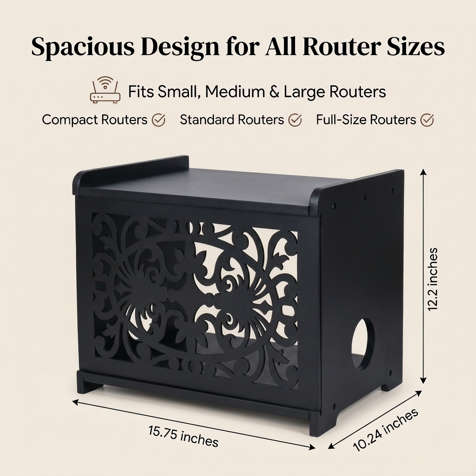 Black Wooden WiFi Router Cover Box – Ventilated Cable Organizer