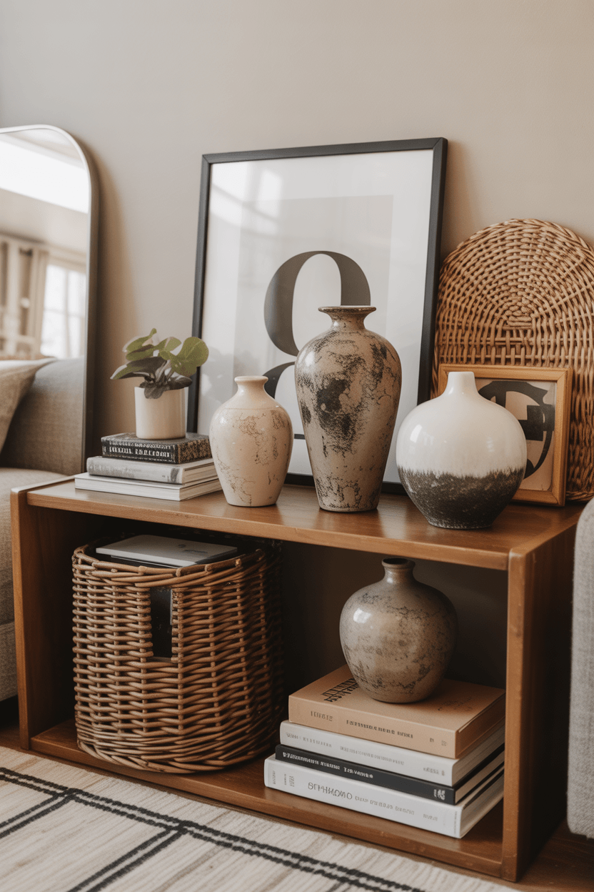 Beautifully finished affordable home decor styled living room with natural materials layered lighting and curated accessories