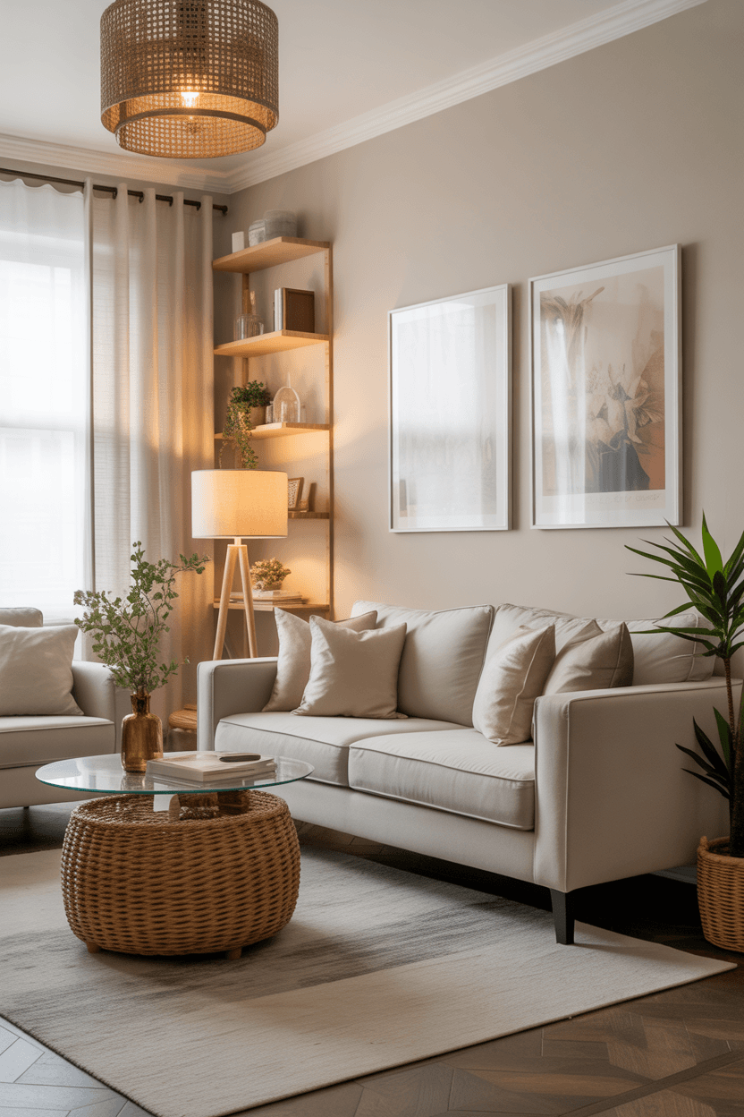 Curated thrift store home decor finds including vintage ceramics wooden furniture and woven baskets