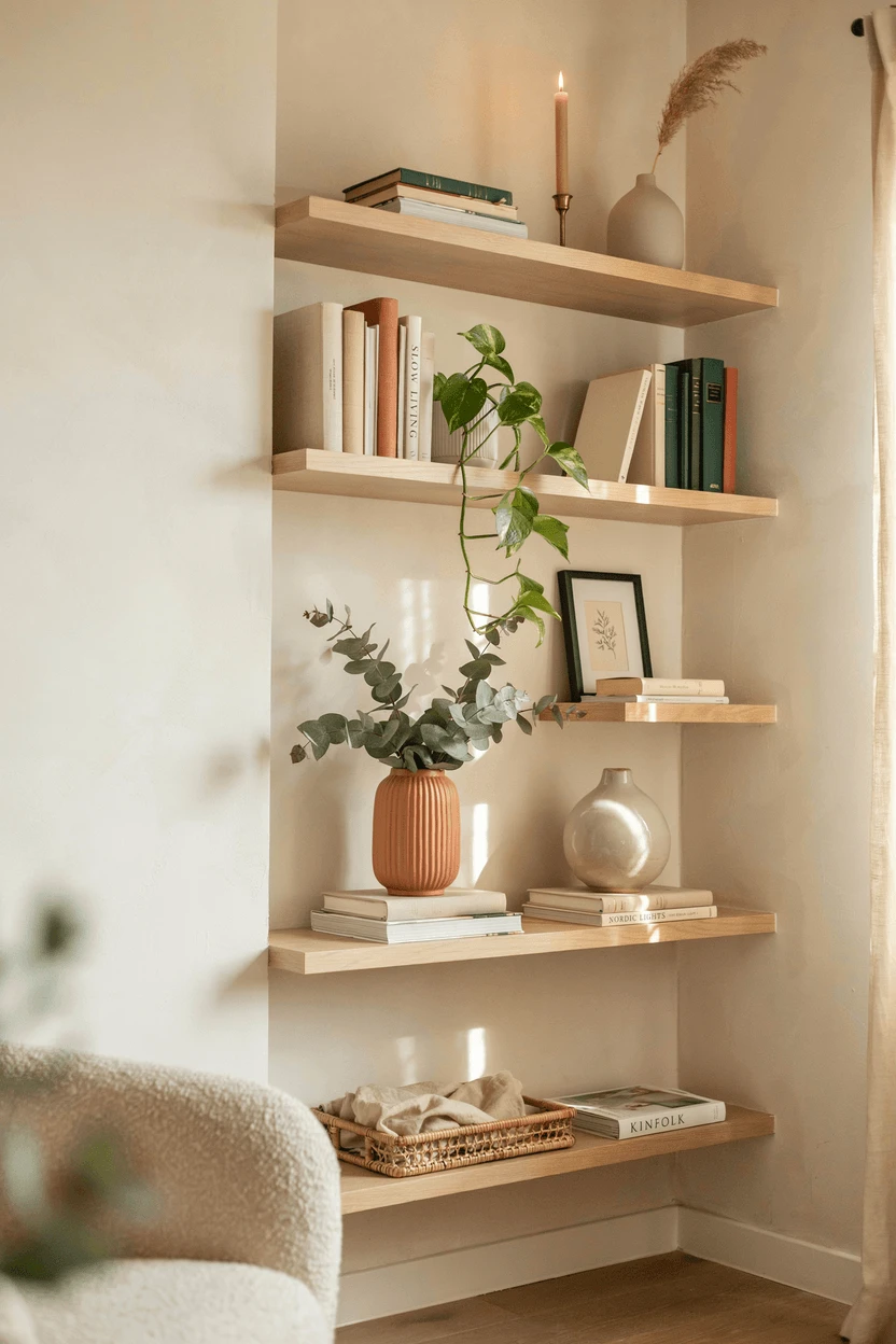 Beautifully styled bookshelf with books, plants, and decorative objects in a modern living room