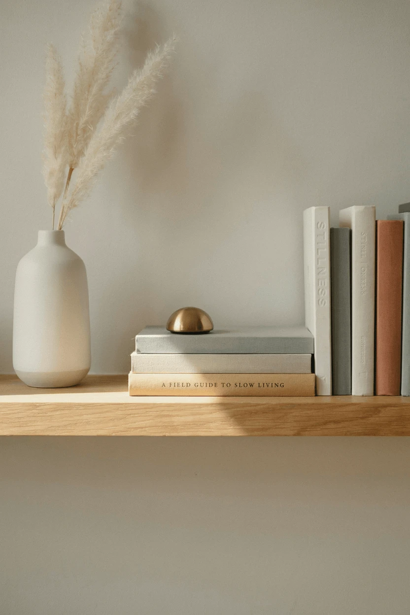 Bookshelf styled with balanced visual weight using books, vases, and open space