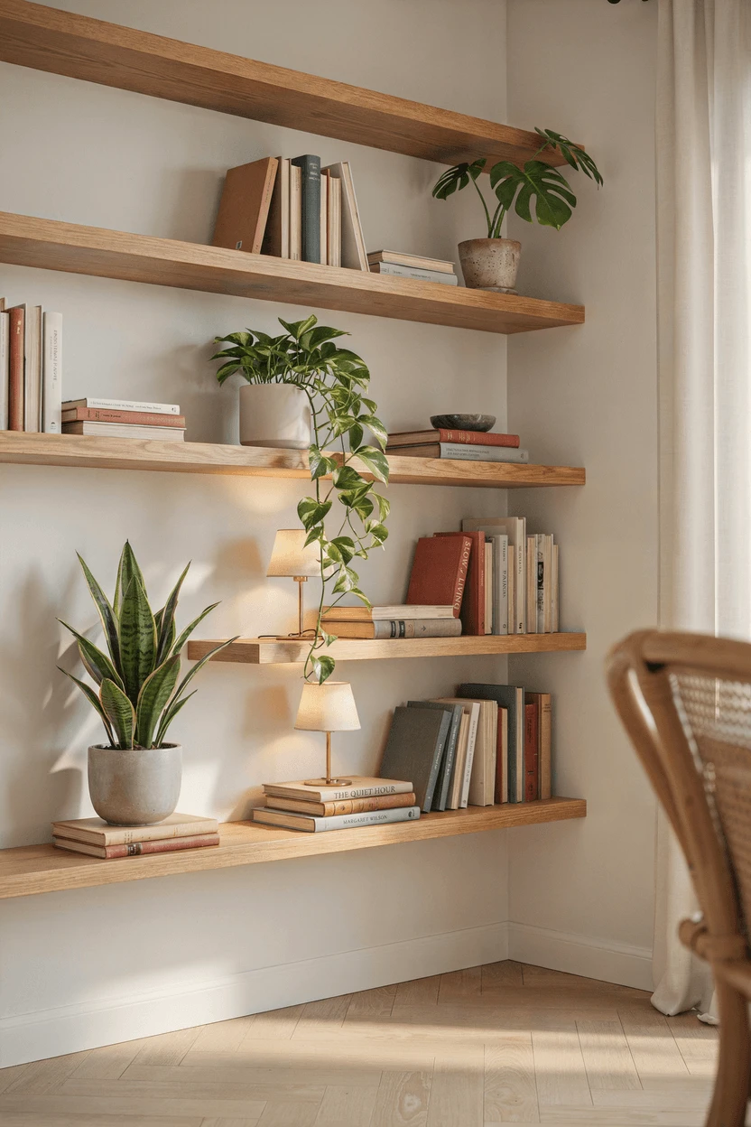 Bookshelf with layered objects at varying depths showing texture contrast and visual depth