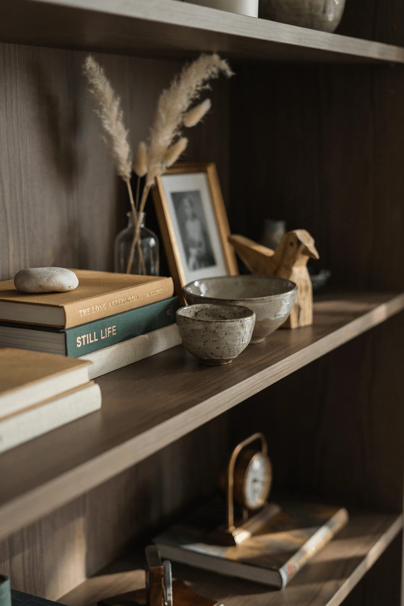 Bookshelf with warm LED shelf lighting highlighting curated decor objects and book collection