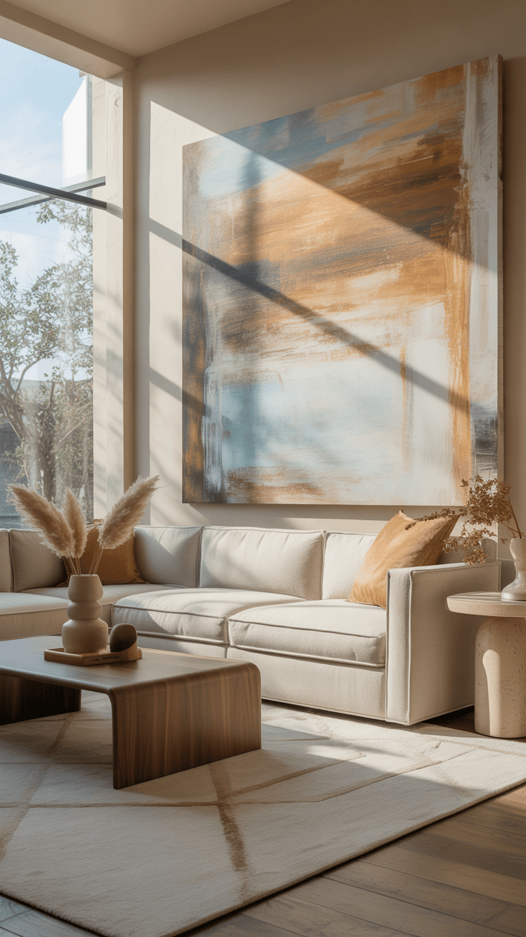 Modern lounge room wall art displayed above a contemporary sofa in a bright, styled living room