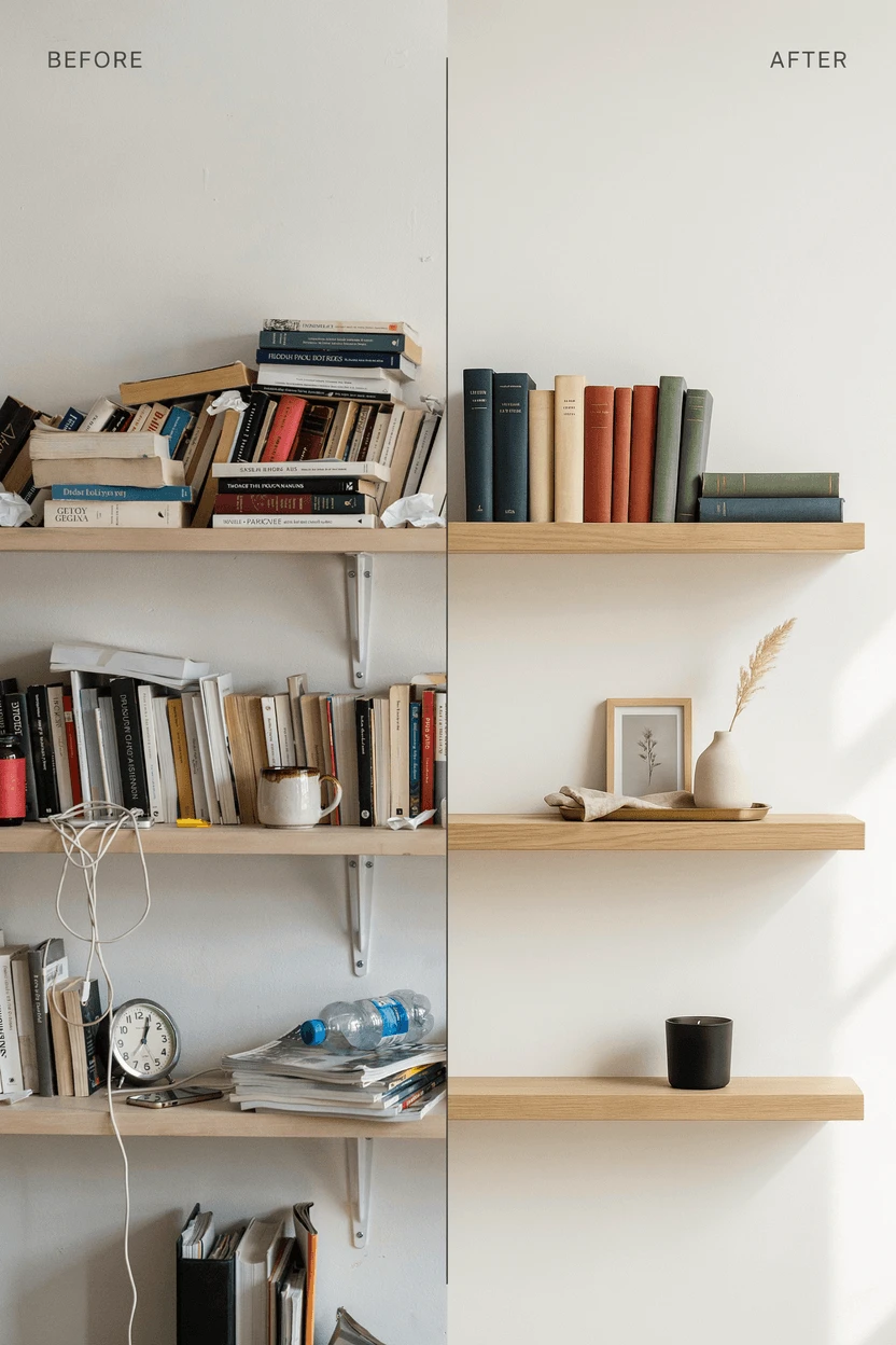 Coastal themed bookshelf decor with shells, driftwood, and neutral tones in a styled room