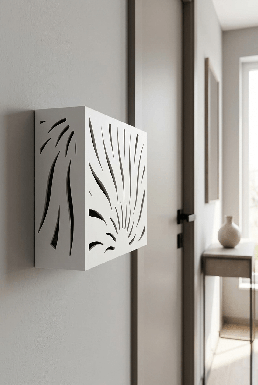Decorative doorbell cover styled to match a traditional home interior with warm wood tones and brass hardware accents