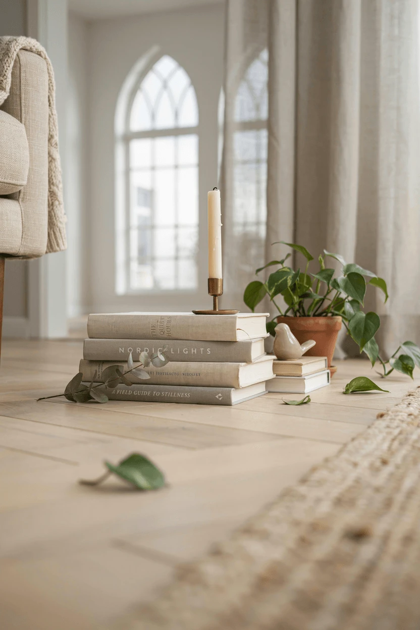 Decorative objects grouped in odd numbers on styled bookshelf with plants and ceramics