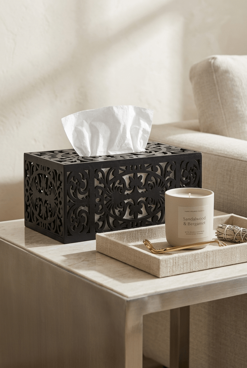 Decorative tissue box holder styled on a living room coffee table with minimal decor