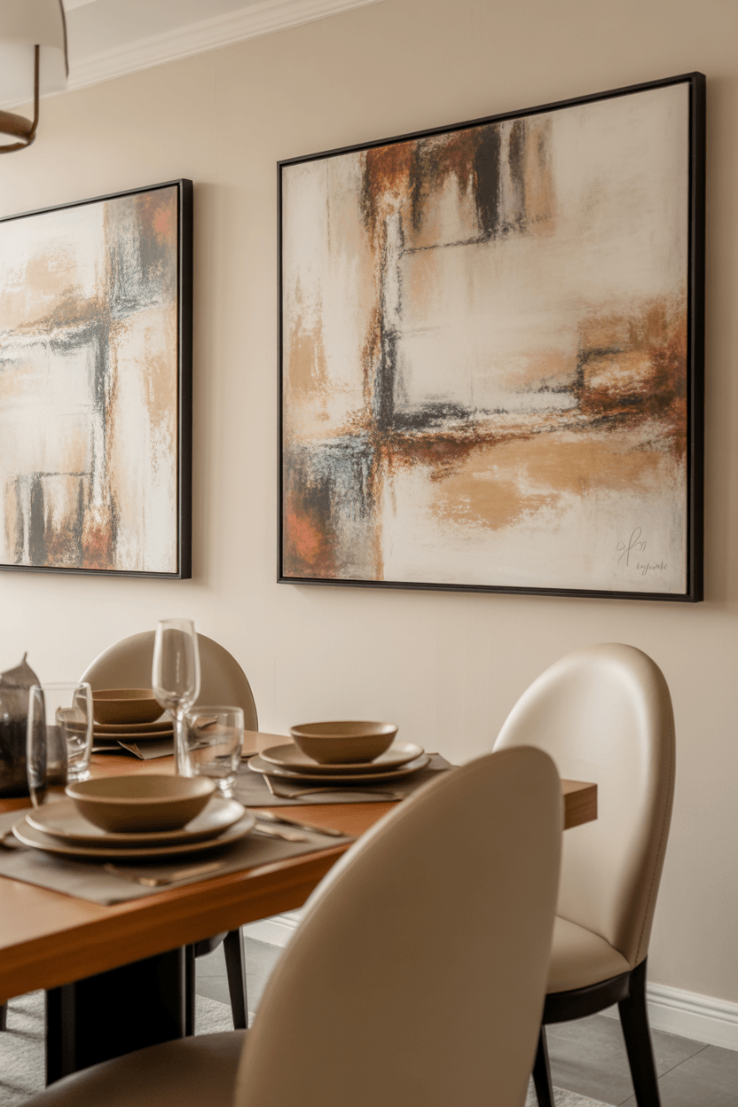 Dining room wall art with coordinated color palette complementing warm wood tones and neutral decor