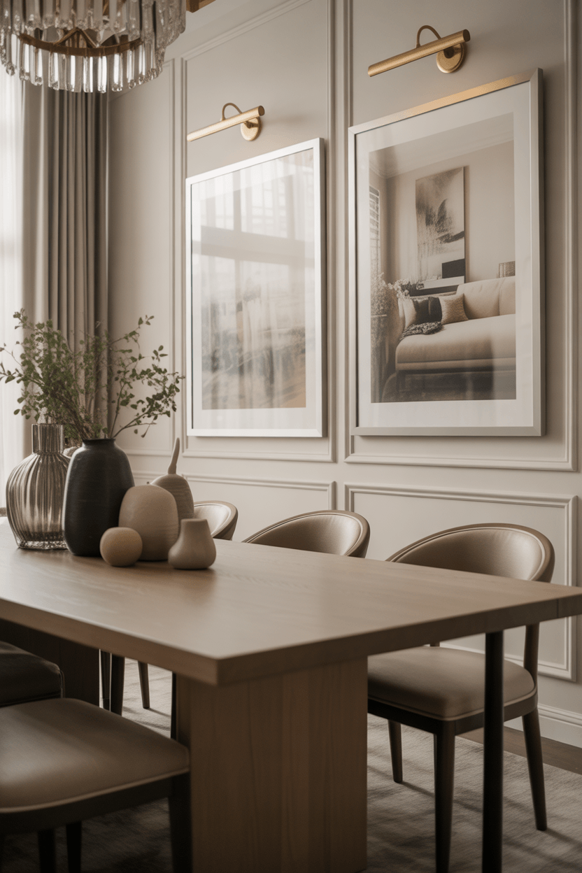 Beautifully styled dining room with large framed wall art above a wooden sideboard