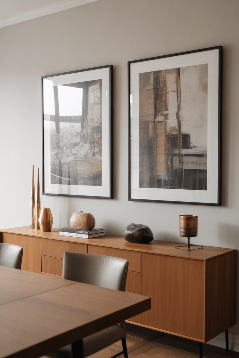 Correctly scaled dining room wall art above a dining table showing proportion and balance