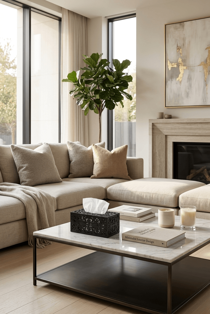 Elegant decorative tissue box holder on a styled side table in a modern living room