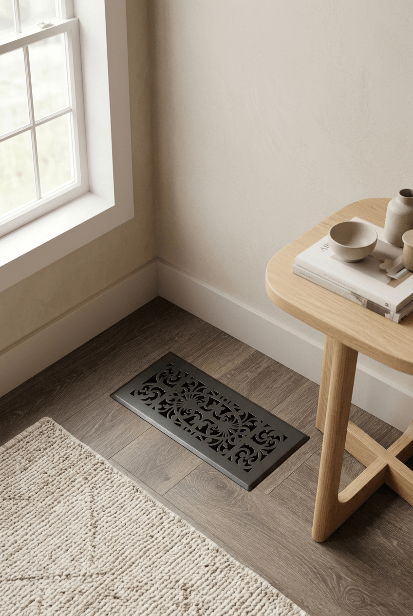 Color-matched decorative wall vent cover blending with interior trim and wall paint