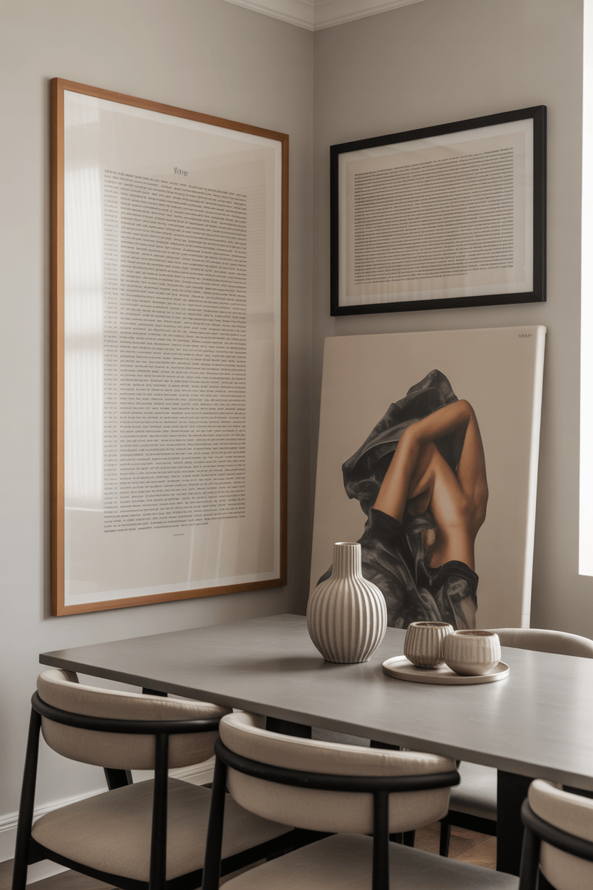 Framed and canvas dining room wall art options displayed in a styled interior setting
