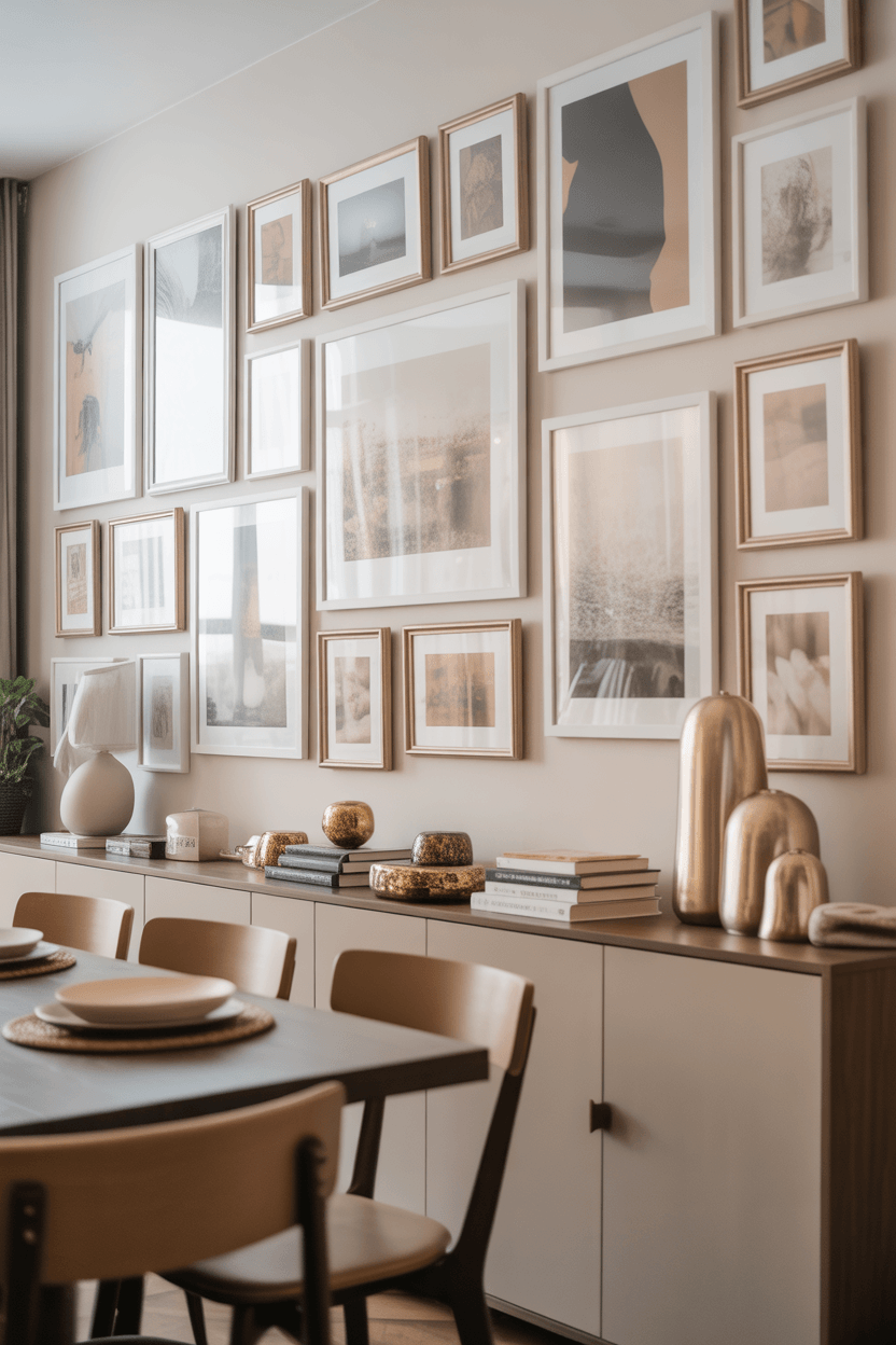 Gallery wall arrangement in a dining room with mixed frames and coordinated art layout