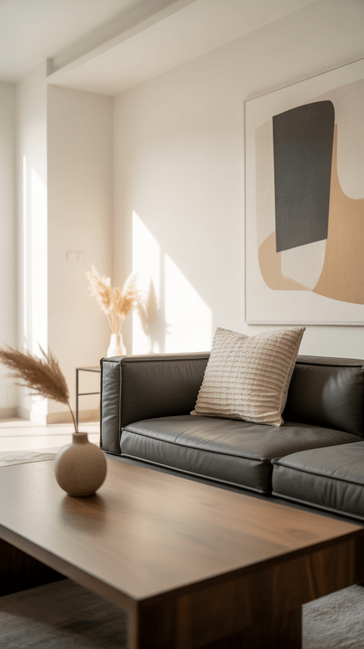 Large living room wall art scaled correctly above a wide sofa, demonstrating the two-thirds proportion rule