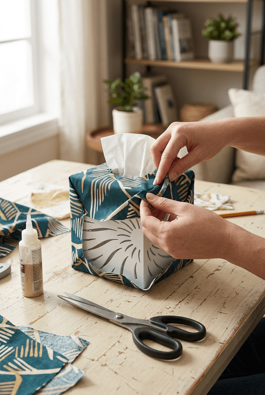 Handmade DIY tissue box cover with fabric and paint finish on a home decor surface