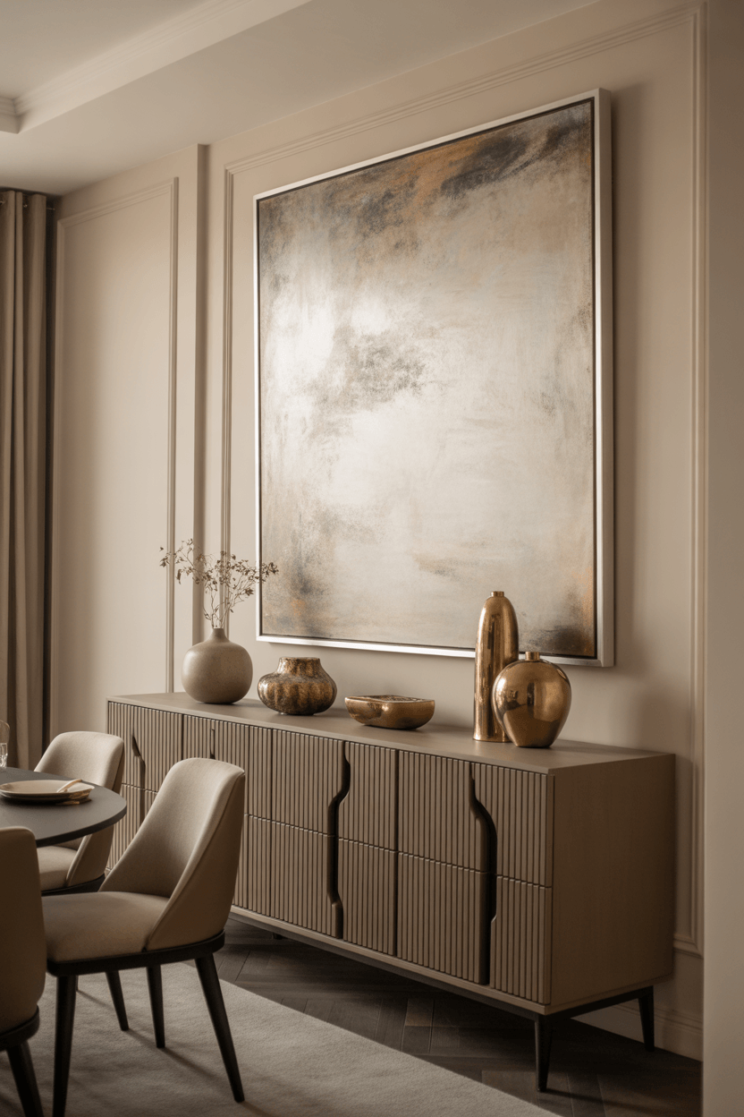 Large dining room wall art displayed above a sideboard in an elegant dining space