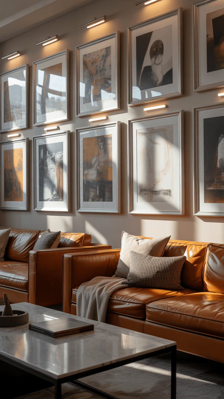 Lounge room wall art with coordinated color palette and varied textures above a styled sofa