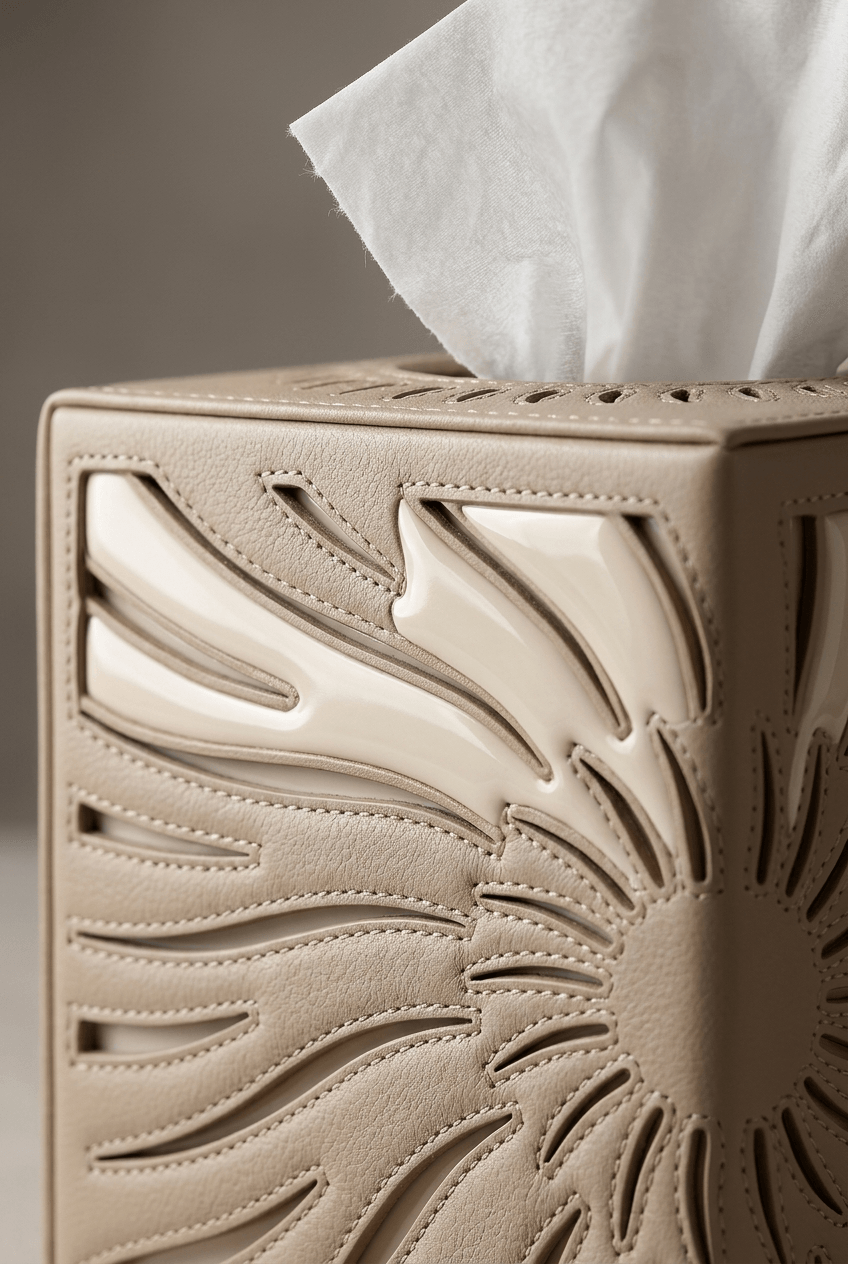 Leather tissue box holder on a minimal home office desk with clean styling