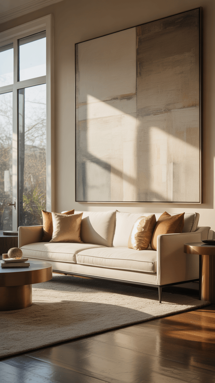 Gallery wall ideas for lounge room wall art with mixed frames and varied print sizes in a cohesive arrangement