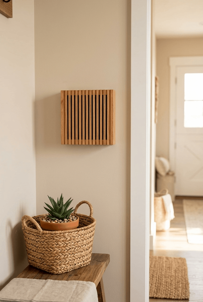 Warm wooden doorbell cover with vertical slats installed on a neutral wall in a farmhouse style hallway