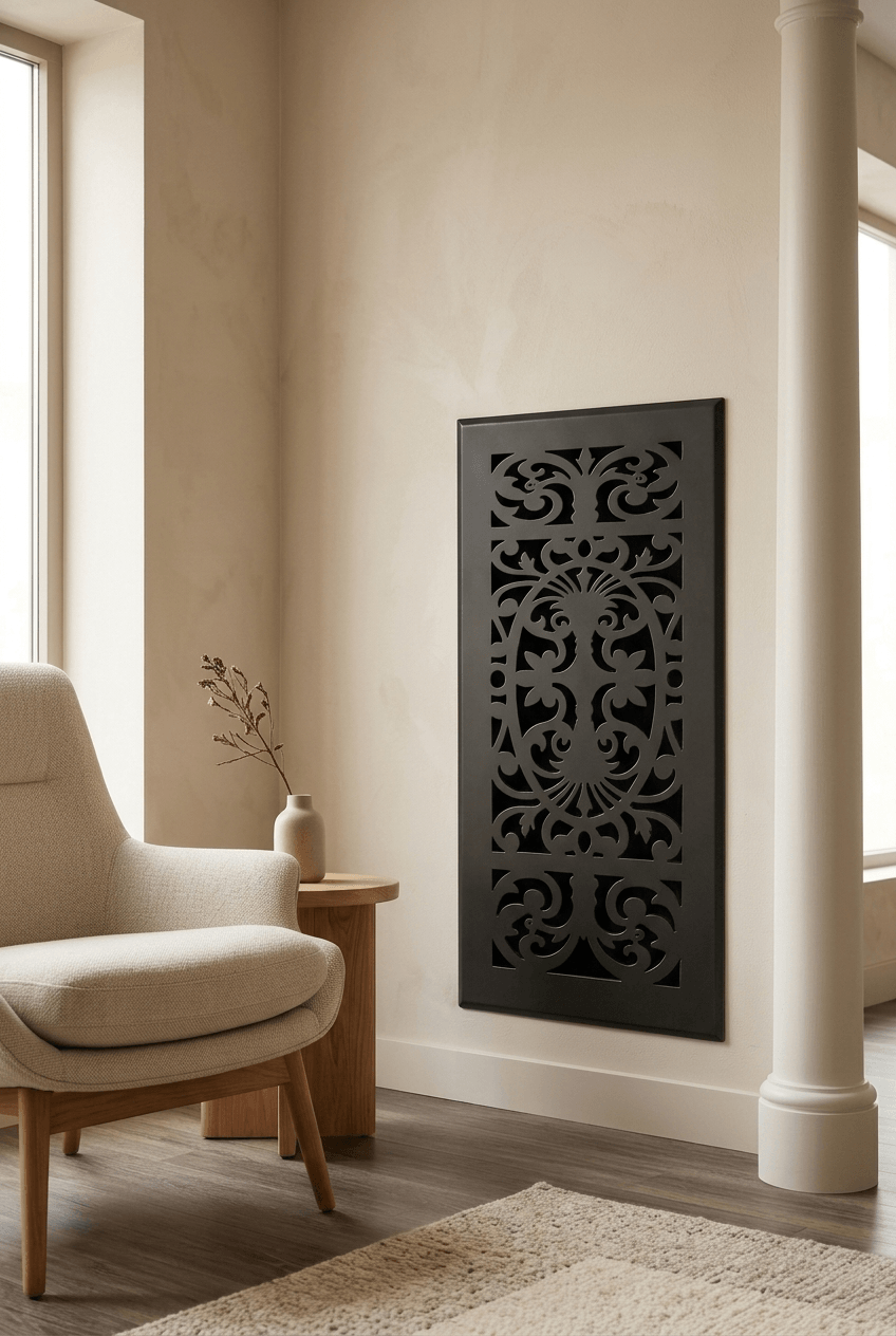 Modern geometric decorative vent cover patterns in a contemporary interior