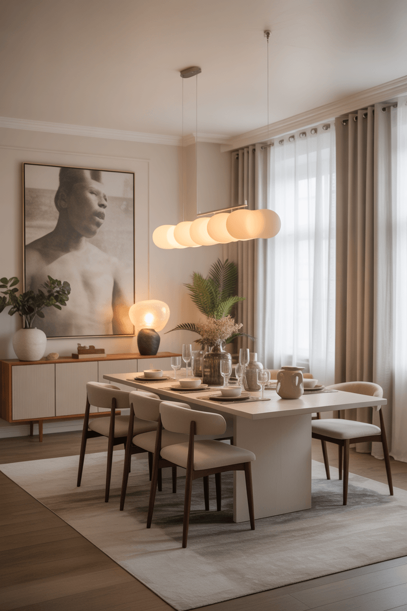 Complete modern dining room wall decor with art, furniture, and lighting working together