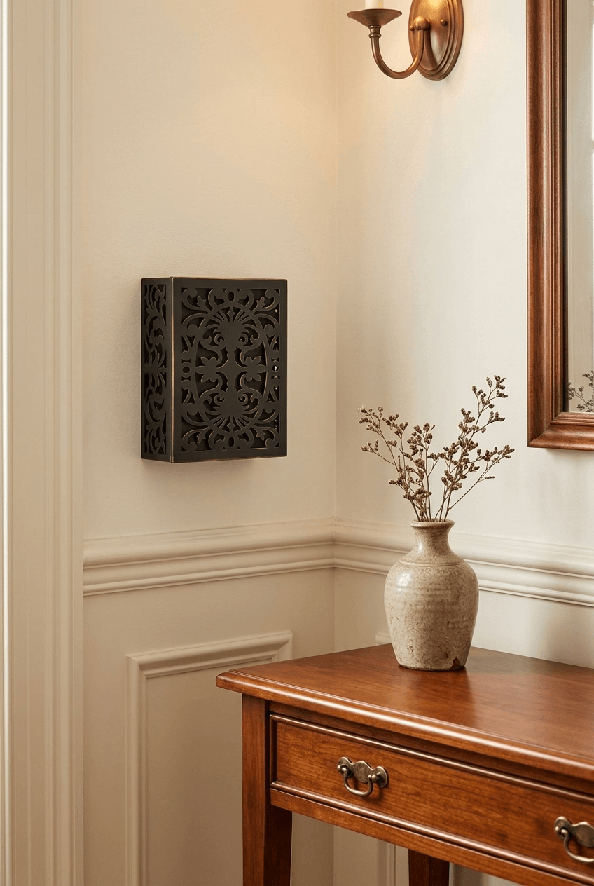 Sleek modern doorbell cover box in matte white finish installed flush against a light grey painted wall