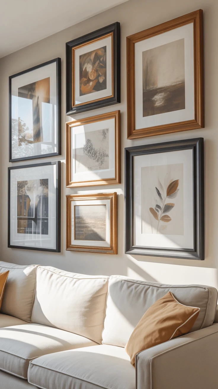 Lounge room wall art illuminated by warm LED picture lighting, creating a dramatic and inviting atmosphere