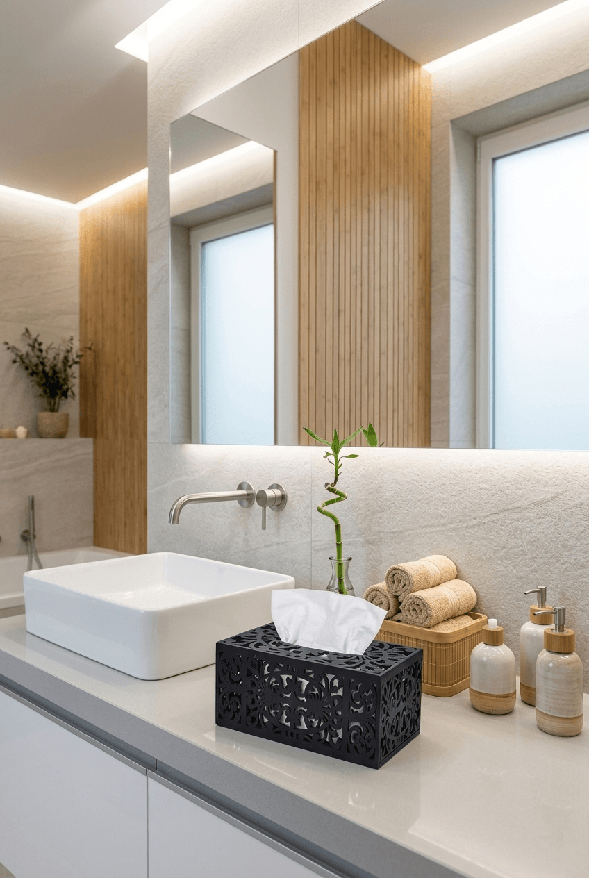 Moisture-resistant tissue box holder on a clean bathroom counter beside minimal accessories