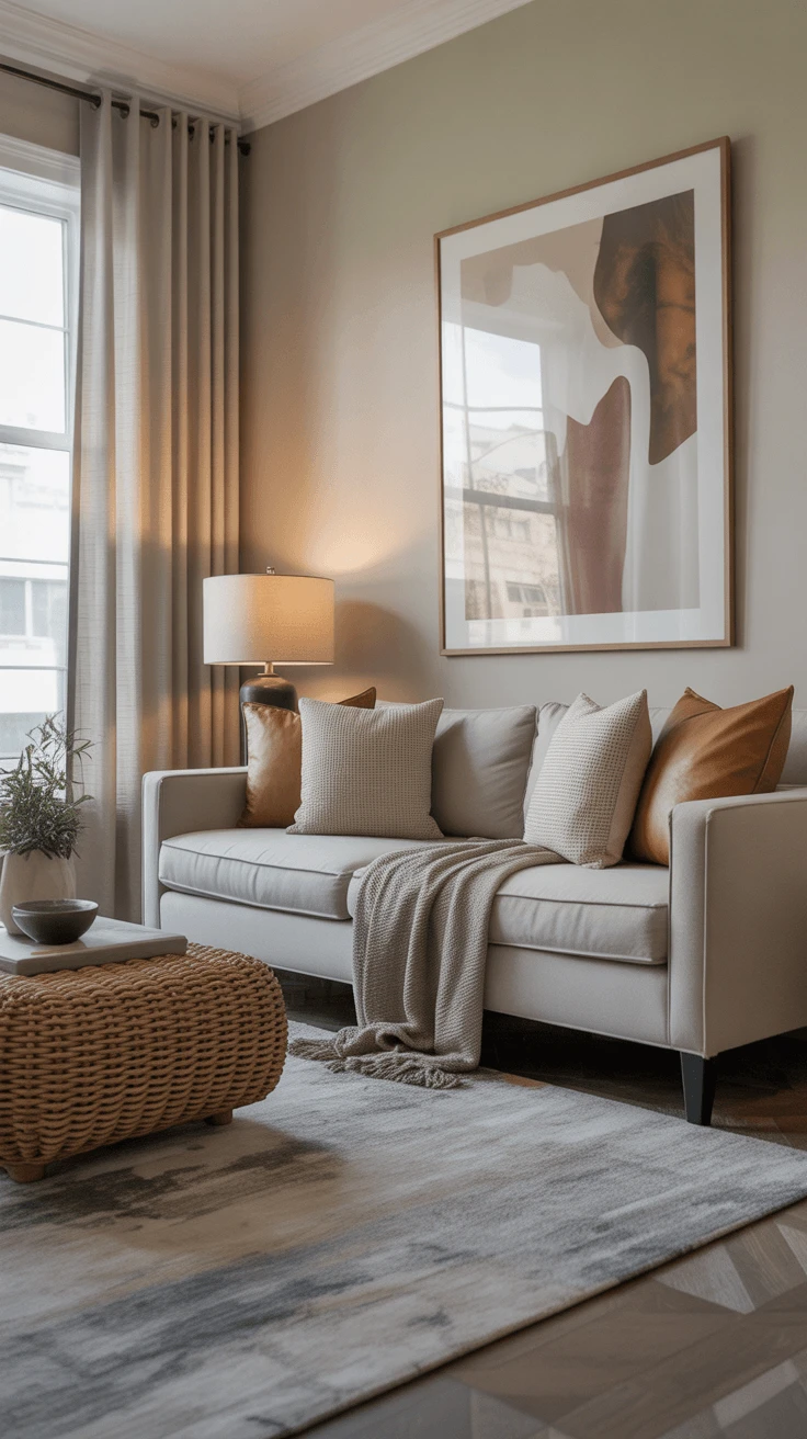 Budget-friendly lounge room wall art ideas including large prints, thrifted frames, and textile wall hangings