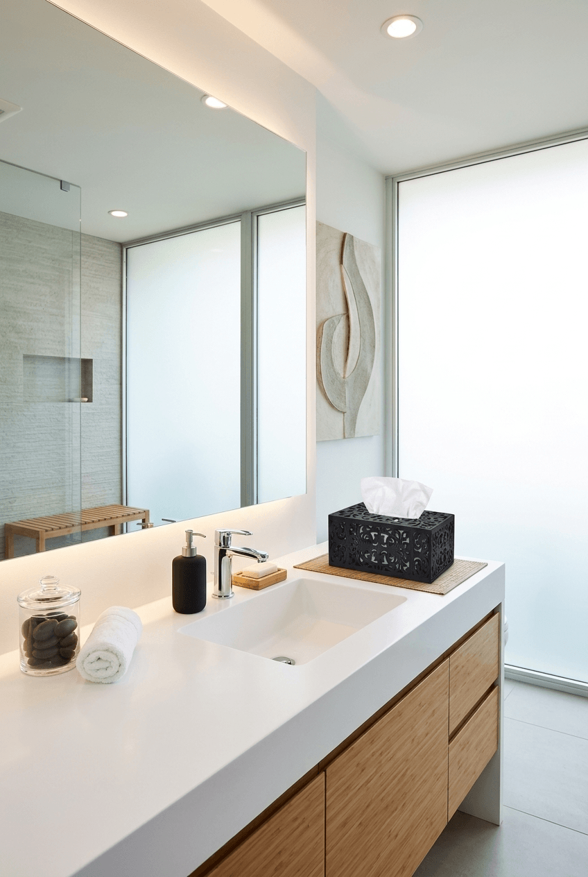 Wooden tissue box holder with natural grain finish on a styled bedroom surface
