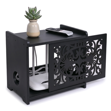 Black Wooden WiFi Router Cover Box – Ventilated Cable Organizer