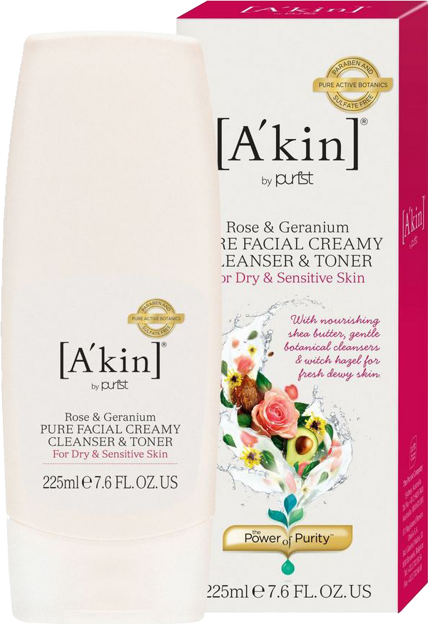 A'kin Rose & Geranium Pure Creamy Cleanser & Toner in One 225ml