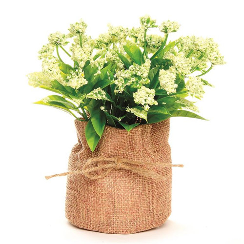 White Cluster Flower in Burlap Bag