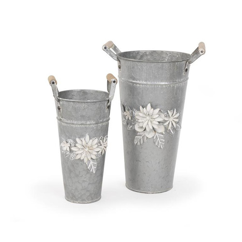 set of two tall galvanized metal buckets with floral accent