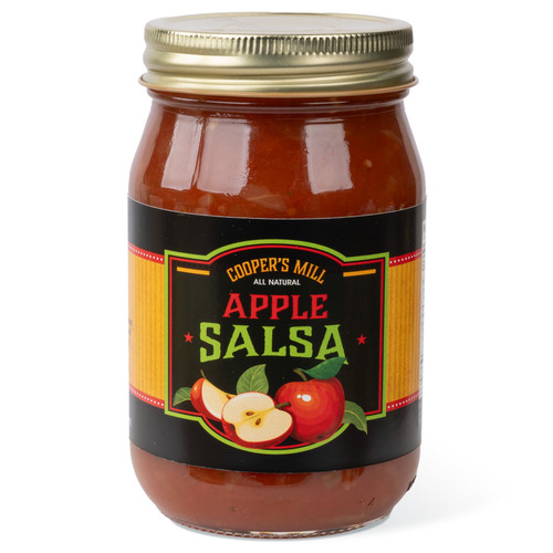 A 16-ounce glass jar of Cooper's Mill Apple Salsa with gold screw-on lid. Black and gold label shows an illustration of apples.