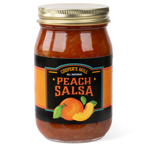 A 16-ounce glass jar of Cooper's Mill Peach Salsa with gold screw-on lid. Black and orange label shows an illustration of peaches.