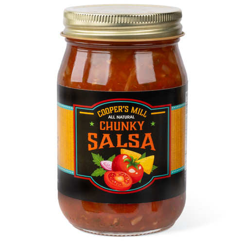 A 16-ounce glass jar of Cooper's Mill Chunky Salsa with gold screw-on lid. Black and gold label shows illustrations of tomatos and onion.