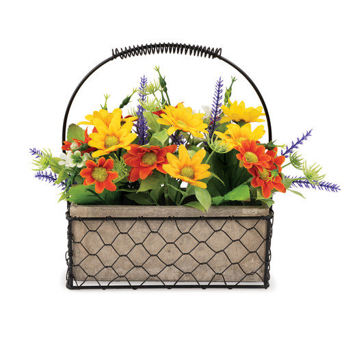 Orange Multi-Color Flowers in Wire Basket