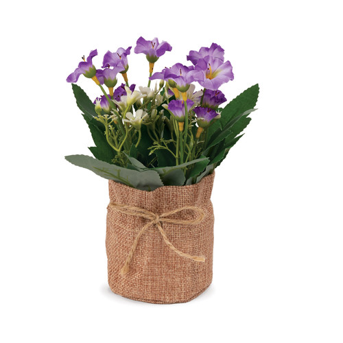 Purple Flowers in Burlap Bag