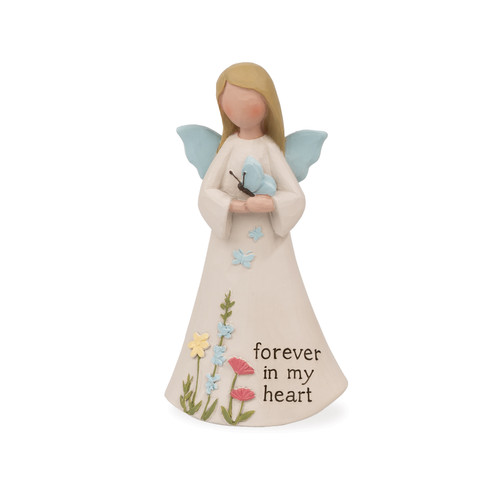 A cream-colored Blossom Bucket resin angel figurine with blue wings holding a blue butterfly, featuring pink and yellow flowers and the text "forever in my heart."