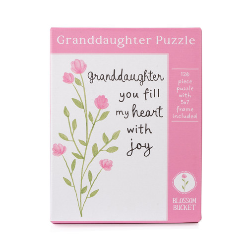 A boxed Blossom Bucket Granddaughter Puzzle set featuring a pink watercolor floral spray and the text "granddaughter you fill my heart with joy," noting 126 pieces and an included 5x7 frame.