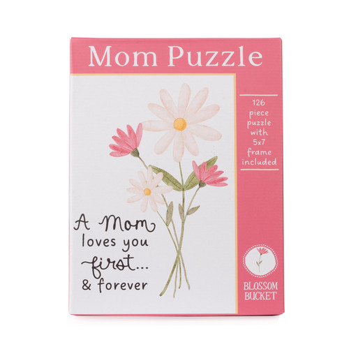 A boxed Blossom Bucket Mom Puzzle set featuring a watercolor floral bouquet and the text "A Mom loves you first... & forever," noting 126 pieces and an included 5x7 frame.