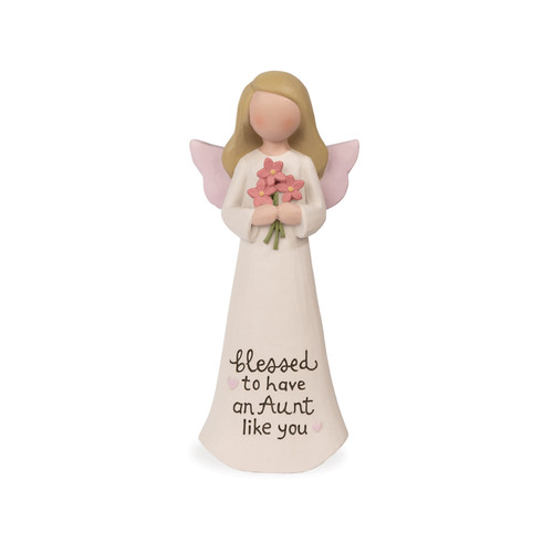 A hand-painted resin angel figurine by Blossom Bucket with lavender-pink wings holding a cluster of pink flowers. The gown is inscribed with the text, 'blessed to have an Aunt like you' with two small hearts.