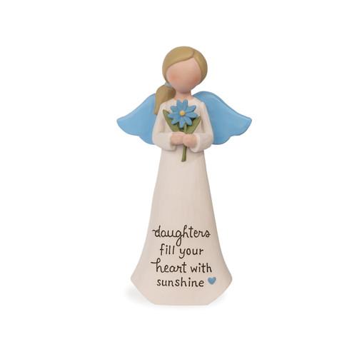 A hand-painted resin angel figurine from Blossom Bucket with blue wings, holding a blue daisy. The skirt is inscribed with the text, 'daughters fill your heart with sunshine' and a small blue heart.