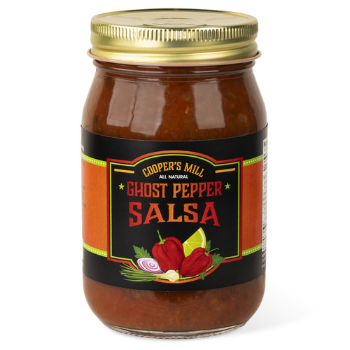 A 16-ounce glass jar of Cooper's Mill Ghost Pepper Salsa with gold screw-on lid. Black and orange label shows illustrations of ghost peppers, lime, and garlic.